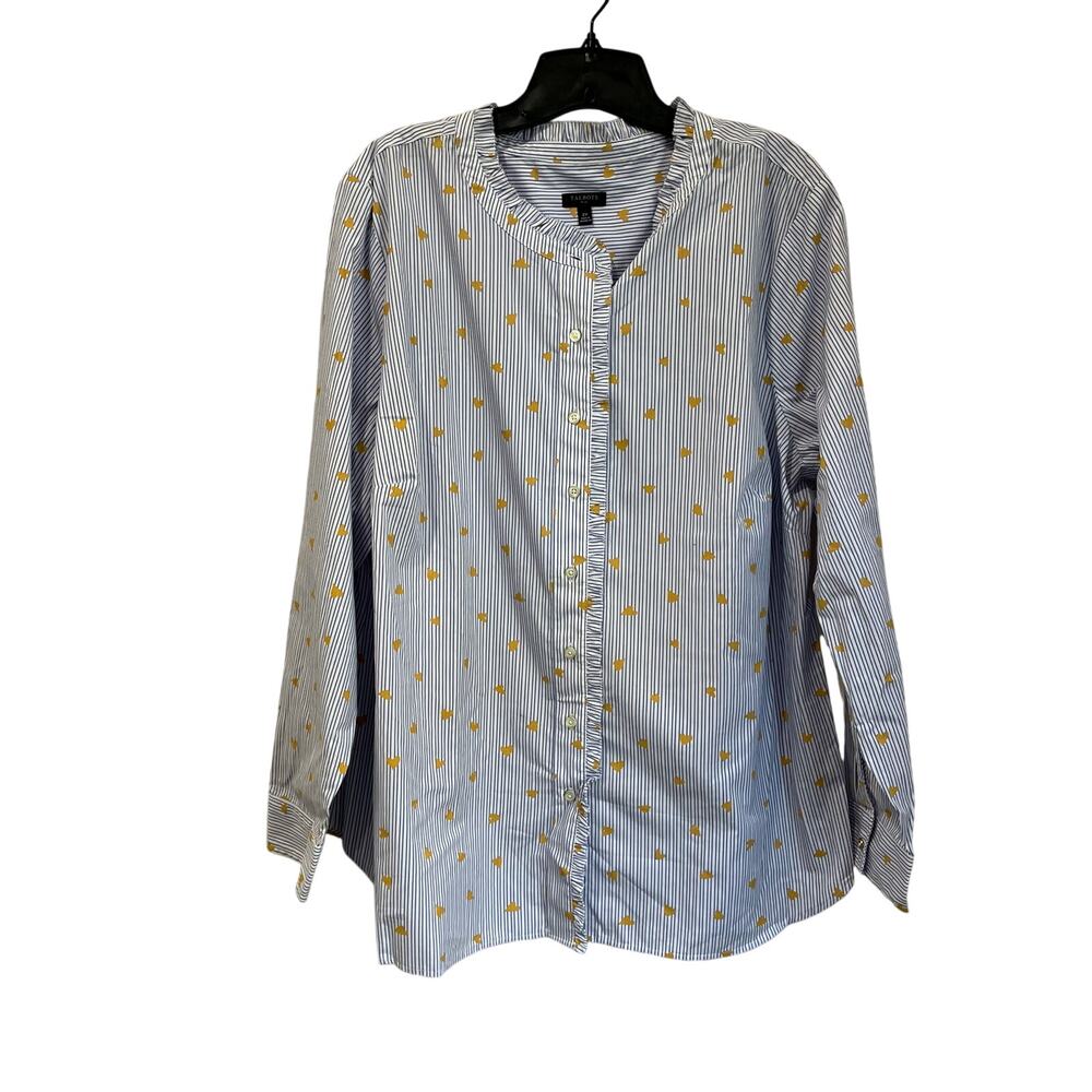 Talbots Plus 2X Blue Stripe Gold Heart Cotton Button Down Preppy Blouse - Picture 2 of 9